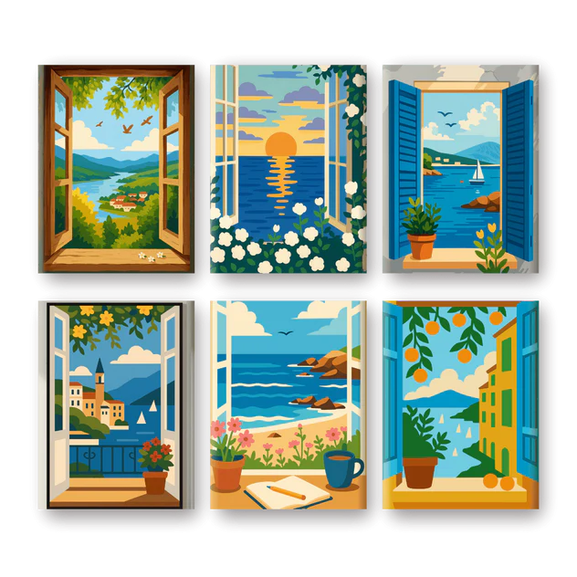 Coffret 6 peintures par numéro Vues sur la mer – aux paysages inspirants – Maison Artsen