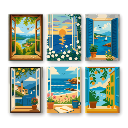 Coffret 6 peintures par numéro Vues sur la mer – aux paysages inspirants – Maison Artsen