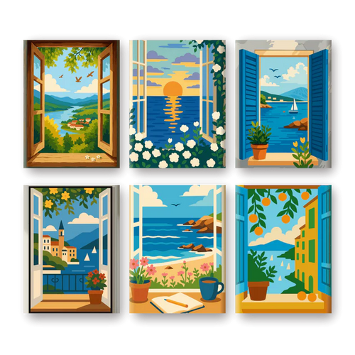 Coffret 6 peintures par numéro Vues sur la mer – aux paysages inspirants – Maison Artsen