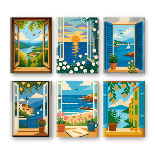 Coffret 6 peintures par numéro Vues sur la mer – aux paysages inspirants – Maison Artsen