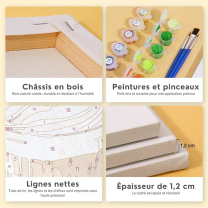 Détails qualité coffret peinture par numéro Maison Artsen – châssis en bois naturel, pinceaux de précision, toile en lin haute définition, épaisseur 1.2 cm