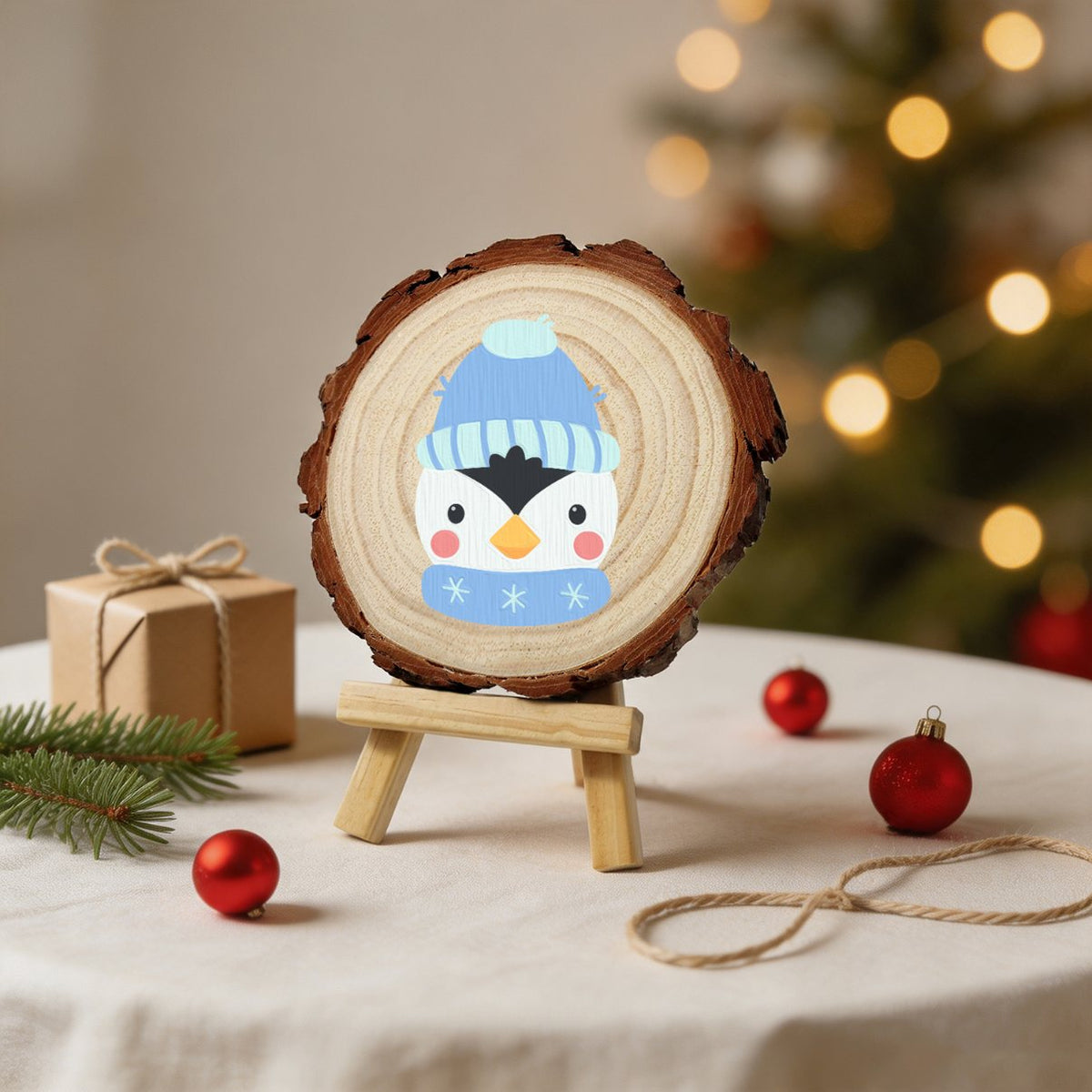Rondelle de bois à peindre par numéro Petit Pingouin d'Hiver, Maison Artsen
