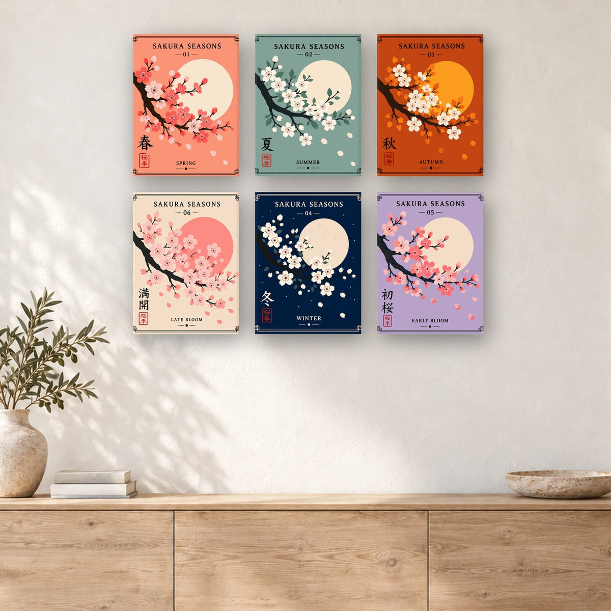 Coffret de 6 peintures par numéro Saisons des Cerisiers, mini-toiles présentées au mur, Maison Artsen