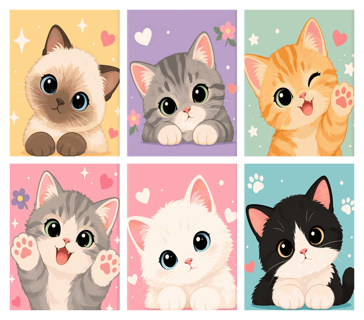 Coffret de 6 peintures par numéro Chats Kawaii, les mini-toiles à plat, Maison Artsen