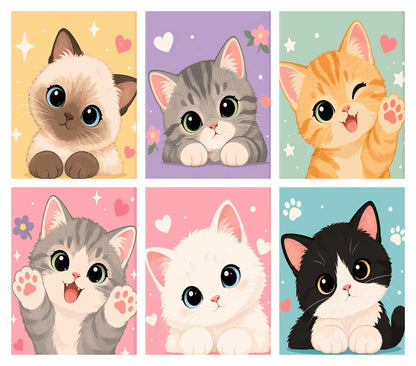 Coffret de 6 peintures par numéro Chats Kawaii, les mini-toiles à plat, Maison Artsen
