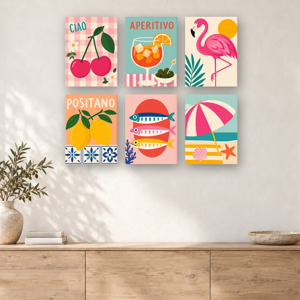 Coffret de 6 peintures par numéro Dolce Vita aux Cerises, mini-toiles présentées au mur, Maison Artsen