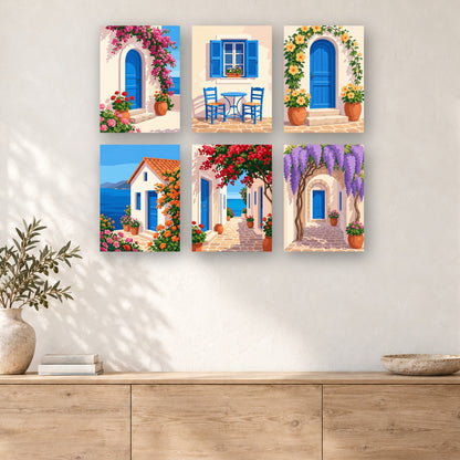 Coffret de 6 peintures par numéro Portes Grecques, mini-toiles présentées au mur, Maison Artsen