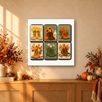 Coffret de 6 peintures par numéro Bottes en Bouquets, mini-toiles présentées au mur, Maison Artsen