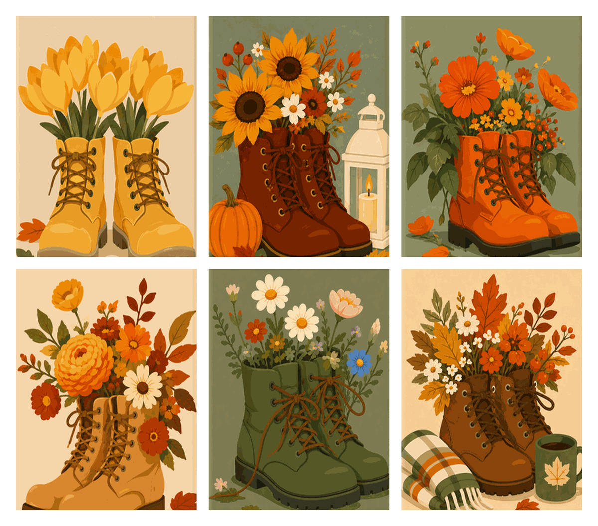 Coffret de 6 peintures par numéro Bottes en Bouquets, les mini-toiles à plat, Maison Artsen