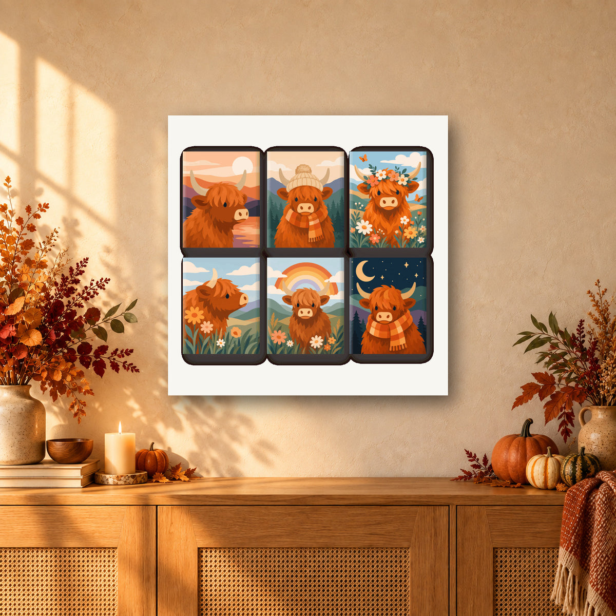 Coffret de 6 peintures par numéro Vaches des Highlands, mini-toiles présentées au mur, Maison Artsen