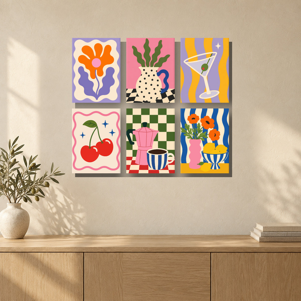 Coffret de 6 peintures par numéro Rétro Pop et Damiers, mini-toiles présentées au mur, Maison Artsen