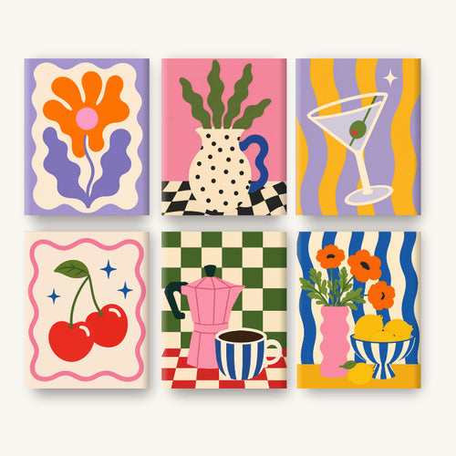 Coffret de 6 peintures par numéro Rétro Pop et Damiers, les mini-toiles à plat, Maison Artsen