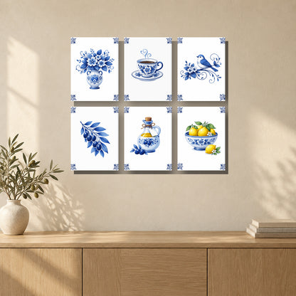 Coffret de 6 peintures par numéro Porcelaine de Delft, mini-toiles présentées au mur, Maison Artsen