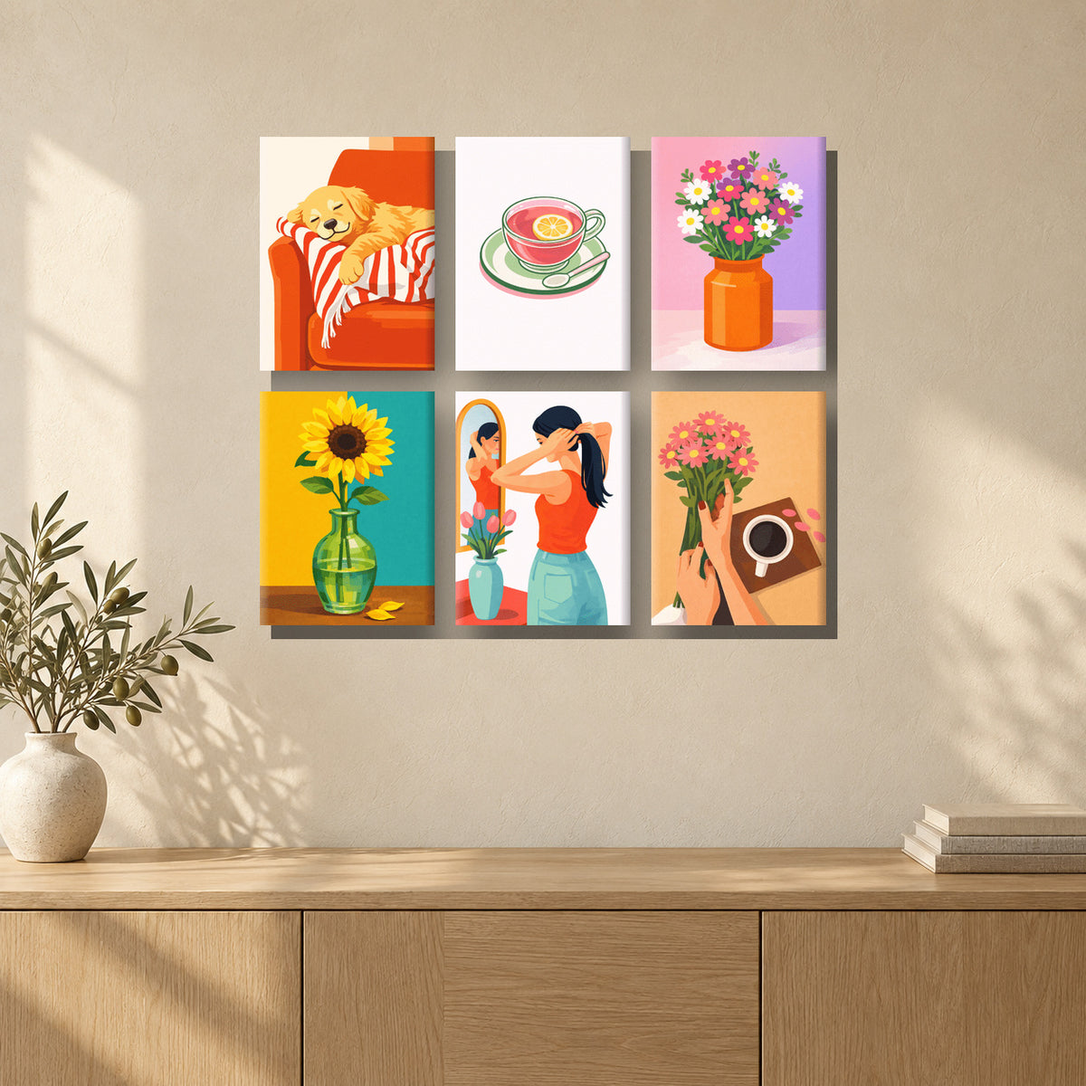 Coffret de 6 peintures par numéro Douceur Ensoleillée, mini-toiles présentées au mur, Maison Artsen