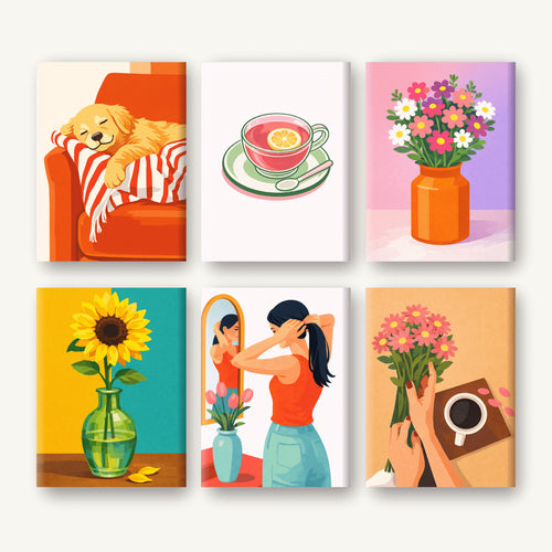Coffret de 6 peintures par numéro Douceur Ensoleillée, les mini-toiles à plat, Maison Artsen