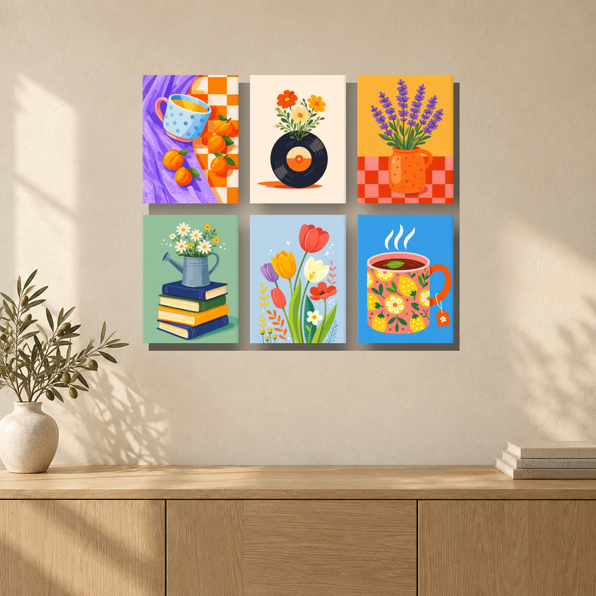 Coffret de 6 peintures par numéro Instants Fleuris, mini-toiles présentées au mur, Maison Artsen