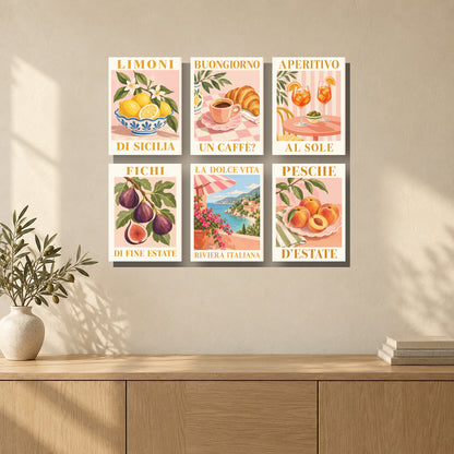 Coffret de 6 peintures par numéro Affiches de l'Été Italien, mini-toiles présentées au mur, Maison Artsen