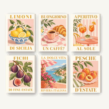 Coffret de 6 peintures par numéro Affiches de l'Été Italien, les mini-toiles à plat, Maison Artsen