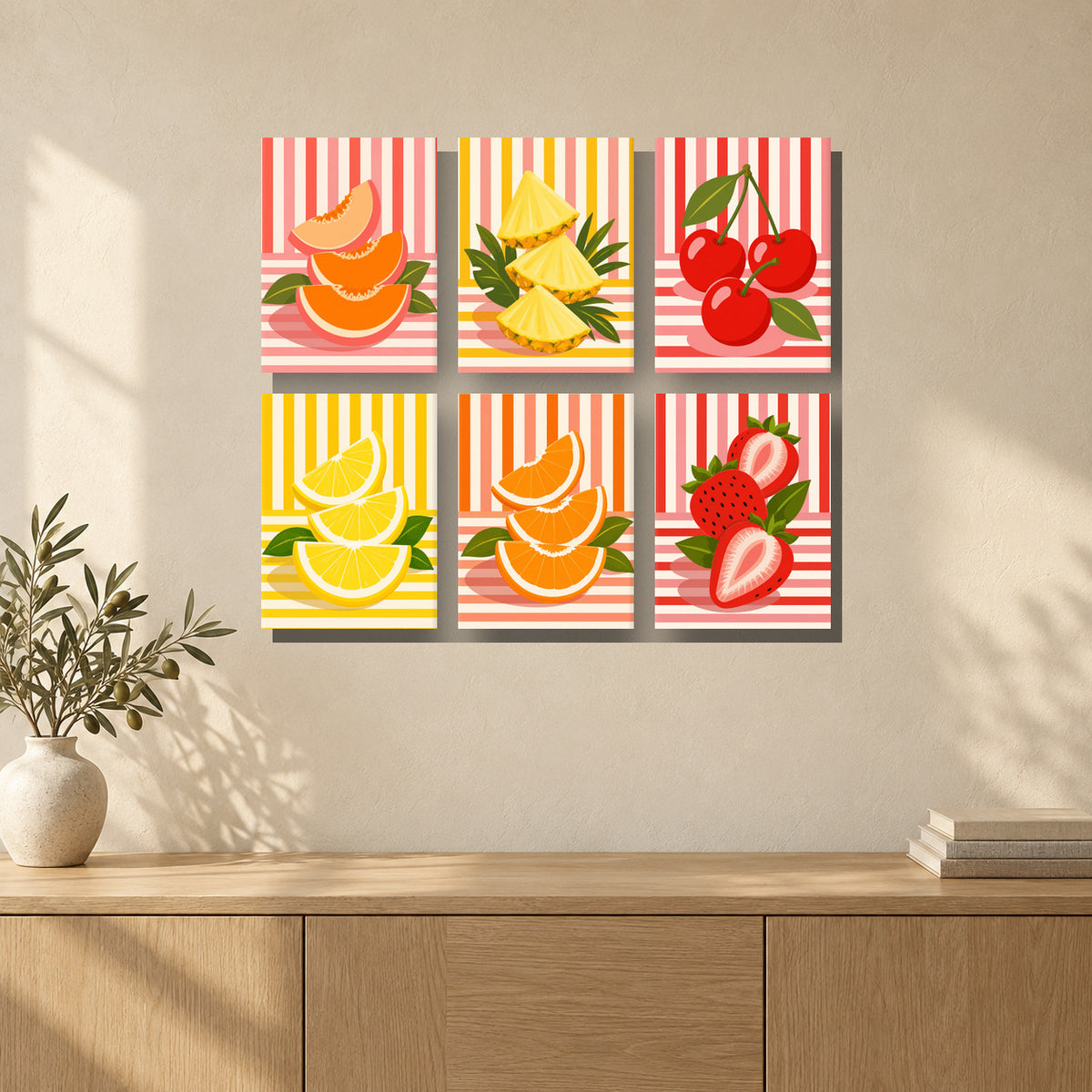 Coffret de 6 peintures par numéro Fruits Rétro, mini-toiles présentées au mur, Maison Artsen