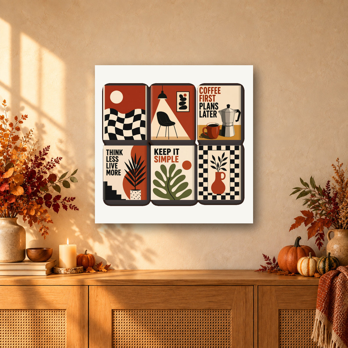 Coffret de 6 peintures par numéro Rétro Moderne en Damier, mini-toiles présentées au mur, Maison Artsen