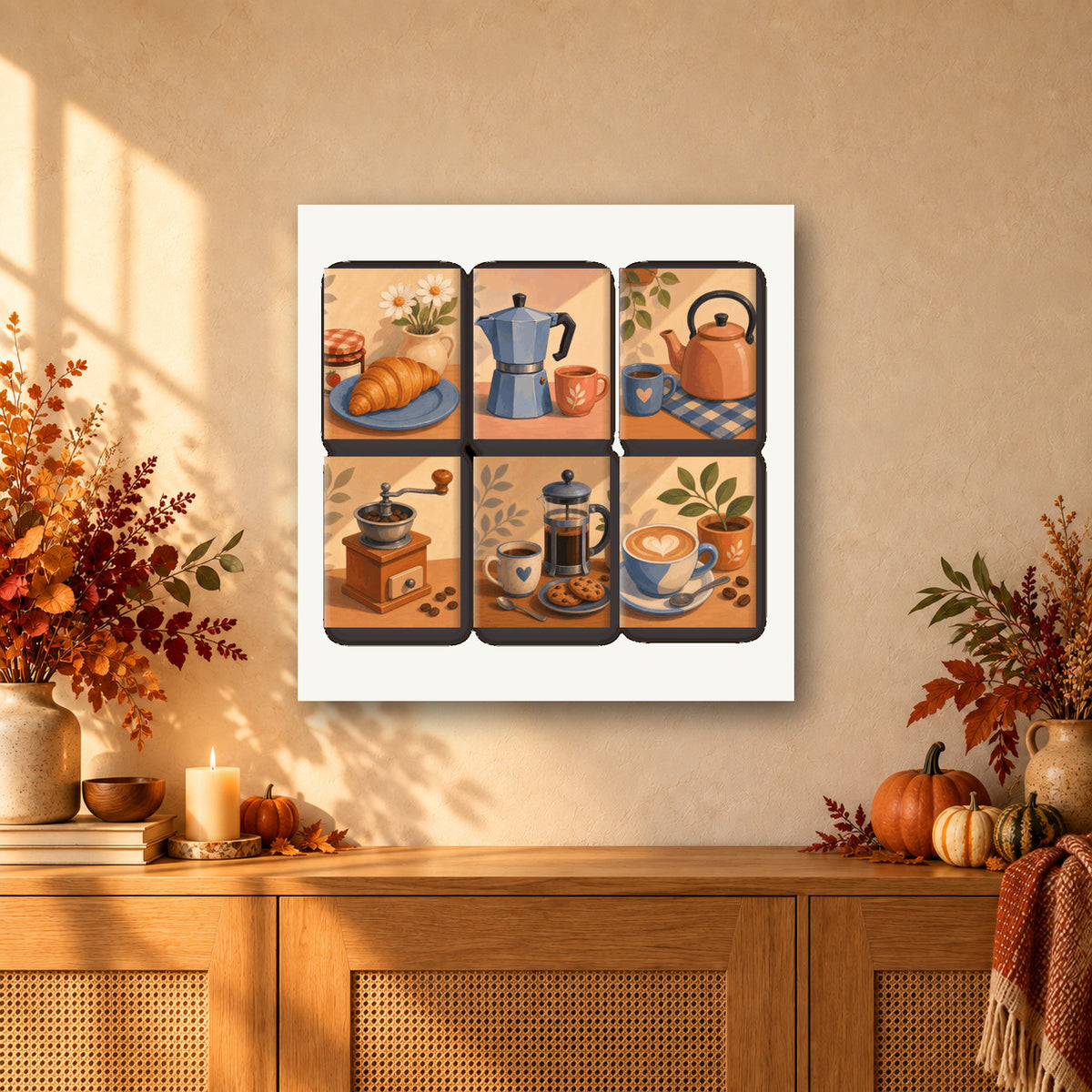 Coffret de 6 peintures par numéro Cafetières et Croissant, mini-toiles présentées au mur, Maison Artsen