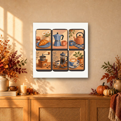 Coffret de 6 peintures par numéro Cafetières et Croissant, mini-toiles présentées au mur, Maison Artsen