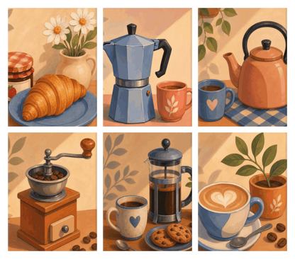 Coffret de 6 peintures par numéro Cafetières et Croissant, les mini-toiles à plat, Maison Artsen