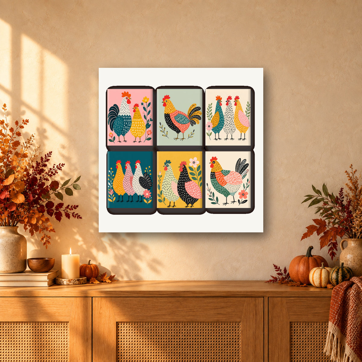 Coffret de 6 peintures par numéro Poules Joyeuses, mini-toiles présentées au mur, Maison Artsen