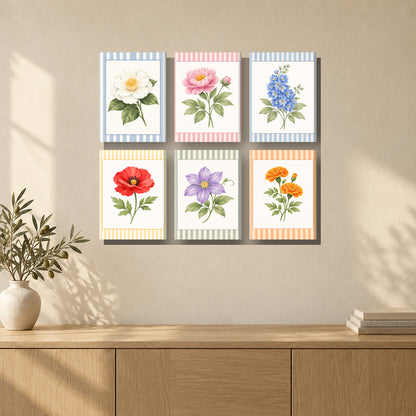 Coffret de 6 peintures par numéro Herbier à Rayures, mini-toiles présentées au mur, Maison Artsen