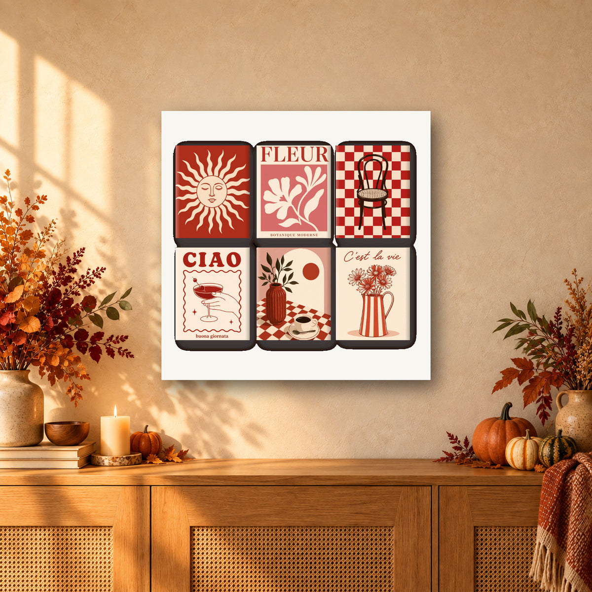 Coffret de 6 peintures par numéro Bistrot en Rouge et Rose, mini-toiles présentées au mur, Maison Artsen