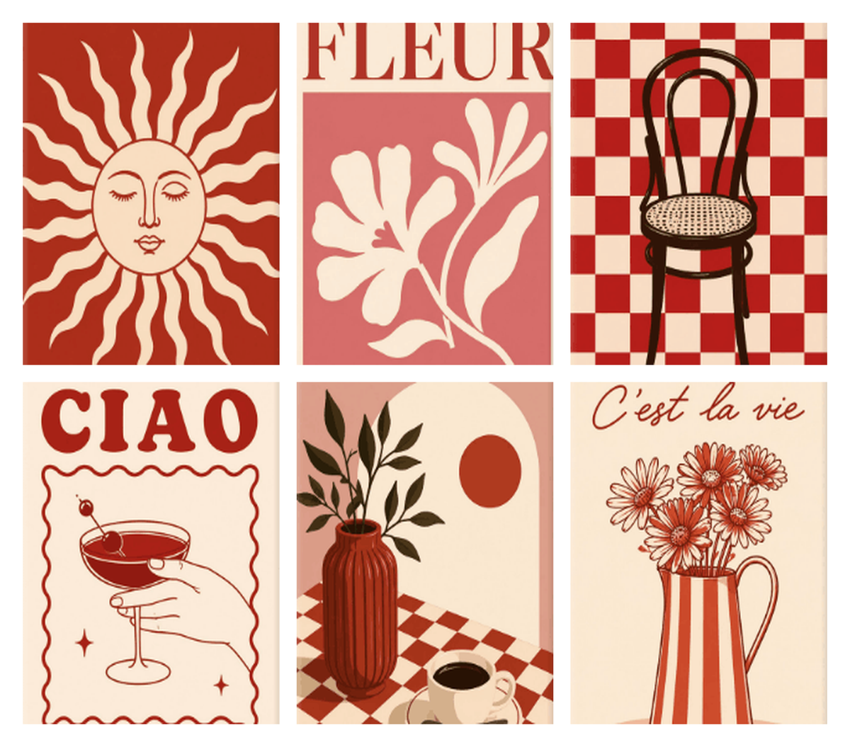 Coffret de 6 peintures par numéro Bistrot en Rouge et Rose, les mini-toiles à plat, Maison Artsen
