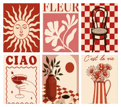 Coffret de 6 peintures par numéro Bistrot en Rouge et Rose, les mini-toiles à plat, Maison Artsen