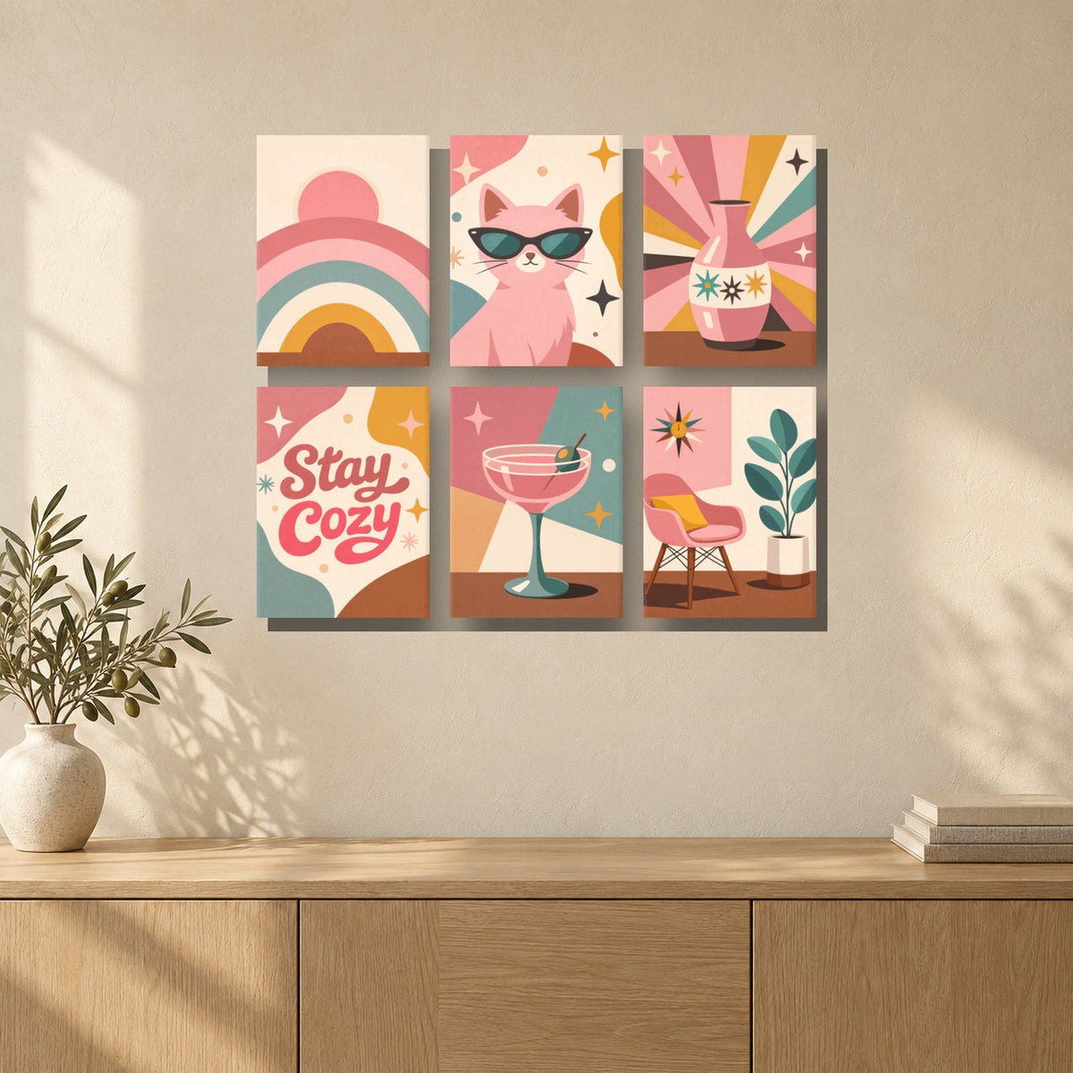 Coffret de 6 peintures par numéro Années 70 en Rose, mini-toiles présentées au mur, Maison Artsen