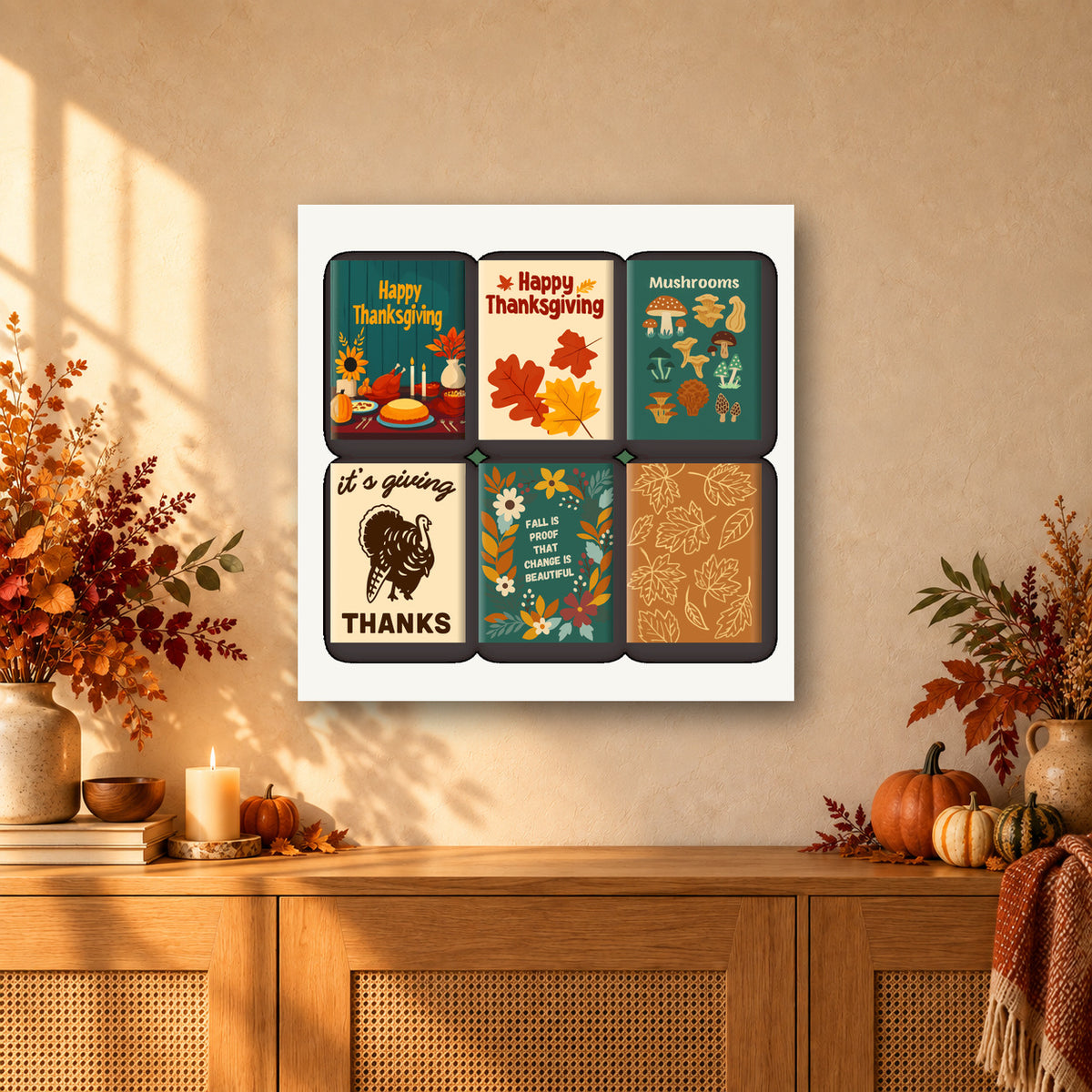 Coffret de 6 peintures par numéro Automne et Thanksgiving, mini-toiles présentées au mur, Maison Artsen