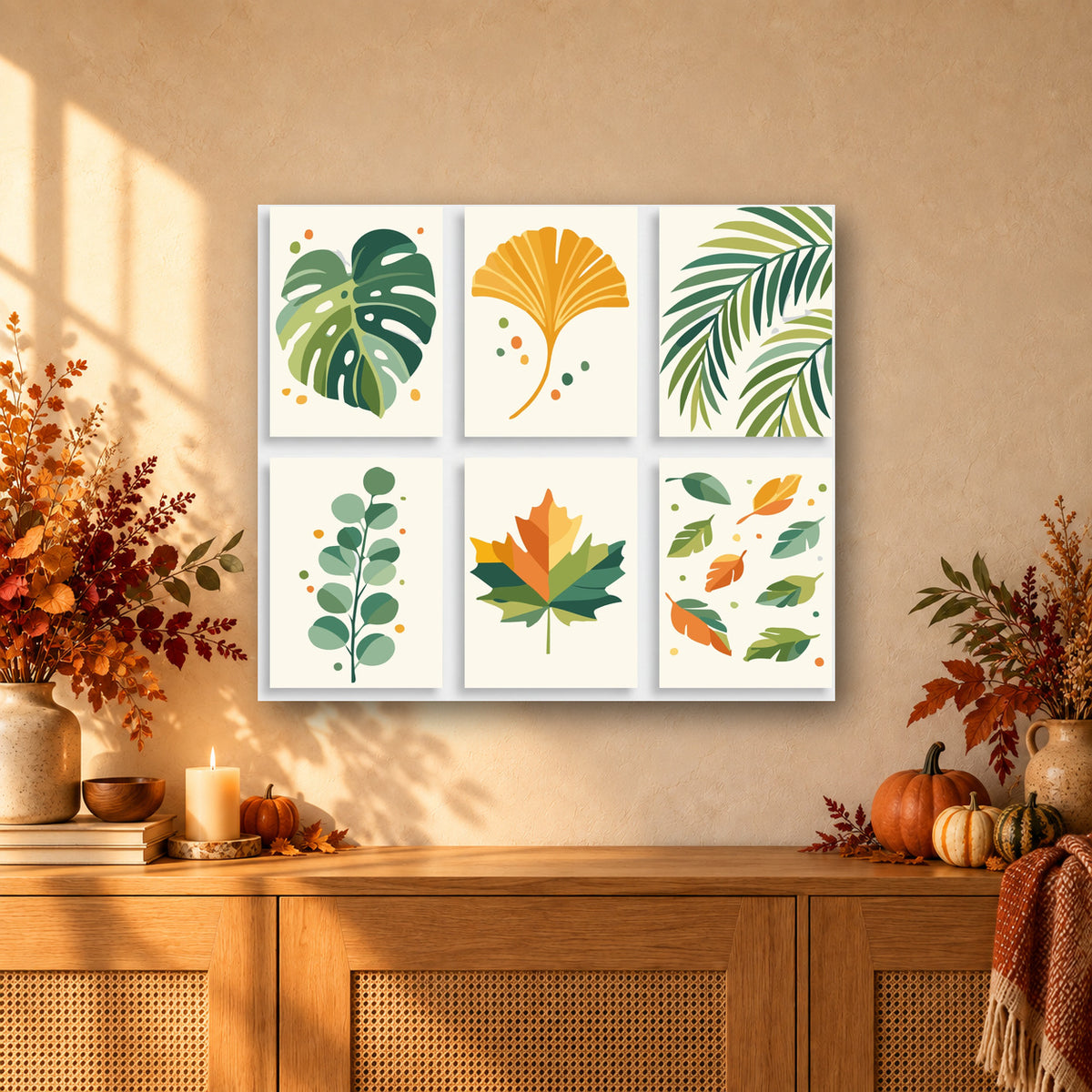 Coffret de 6 peintures par numéro Feuilles en Aplats, mini-toiles présentées au mur, Maison Artsen