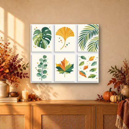 Coffret de 6 peintures par numéro Feuilles en Aplats, mini-toiles présentées au mur, Maison Artsen