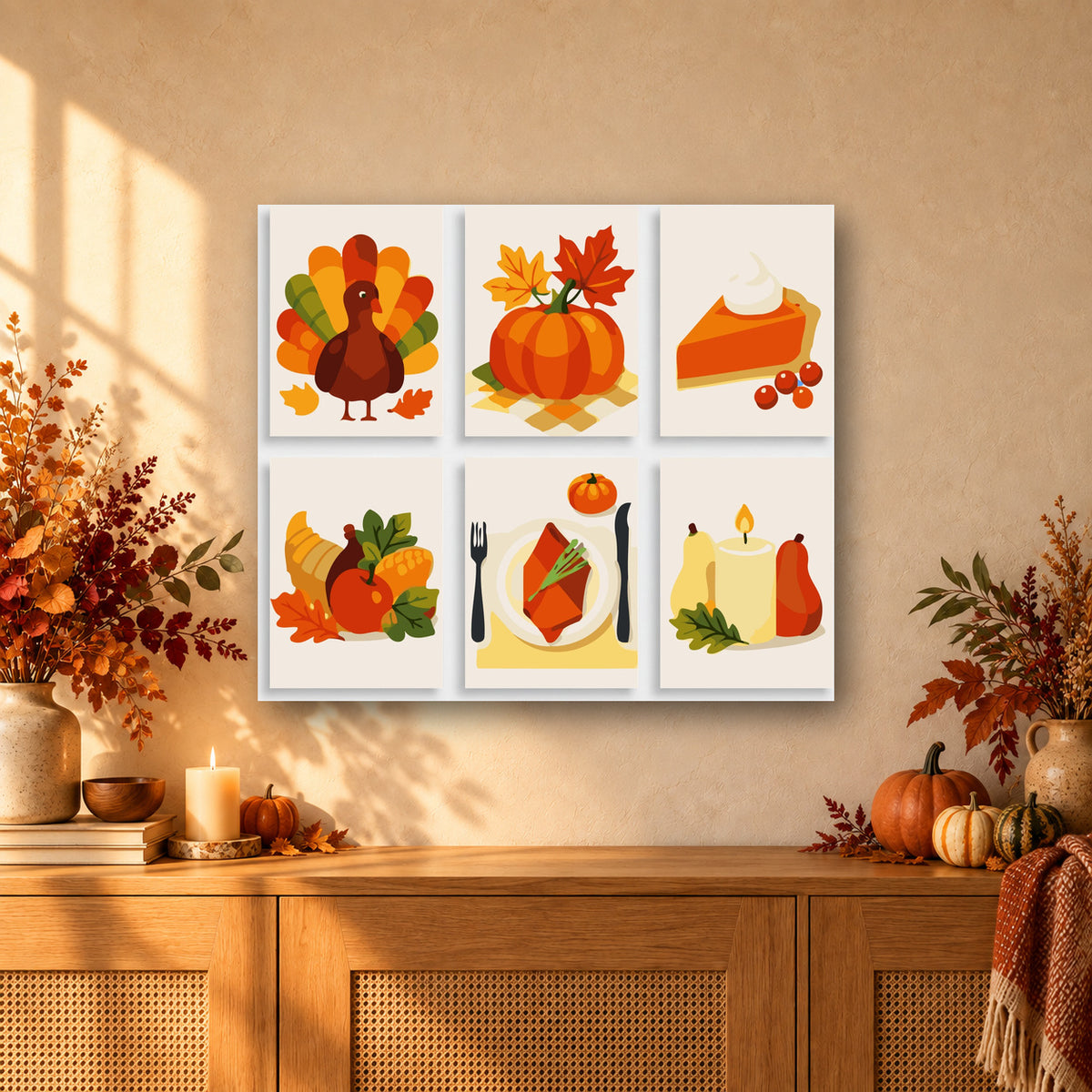 Coffret de 6 peintures par numéro Table des Récoltes, mini-toiles présentées au mur, Maison Artsen