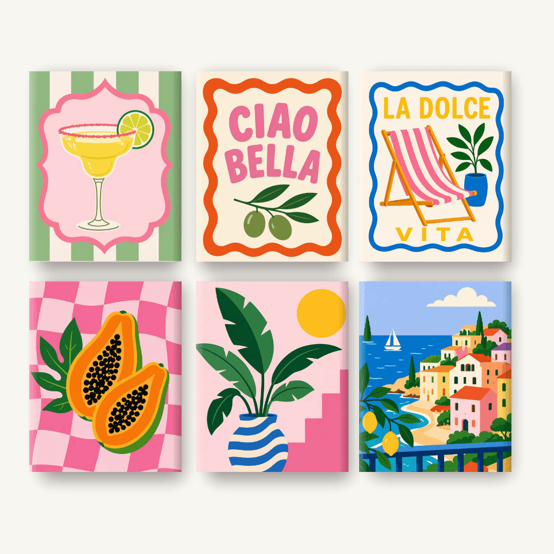 Coffret de 6 peintures par numéro Instants Dolce Vita, les mini-toiles à plat, Maison Artsen