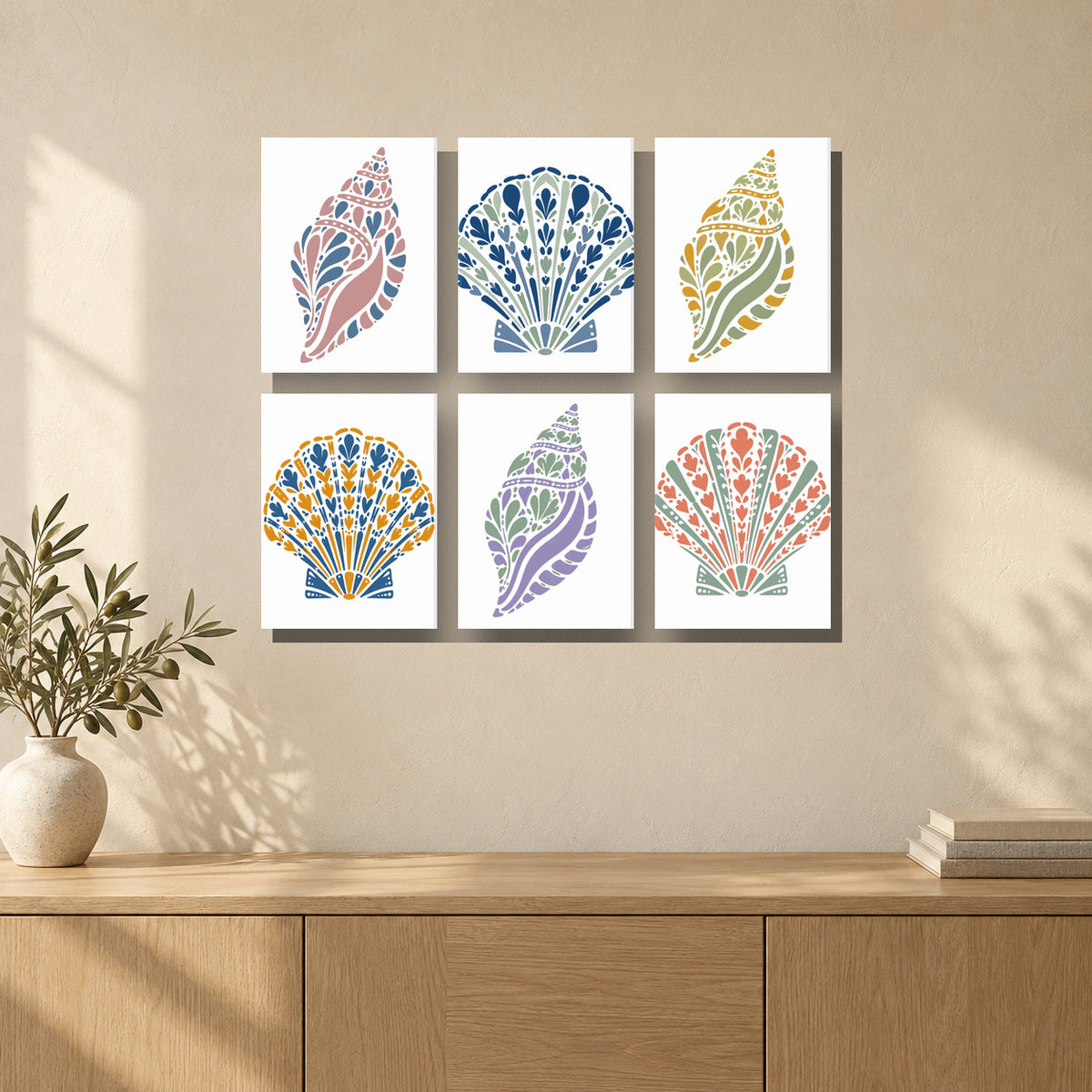Coffret de 6 peintures par numéro Coquillages du Rivage, mini-toiles présentées au mur, Maison Artsen