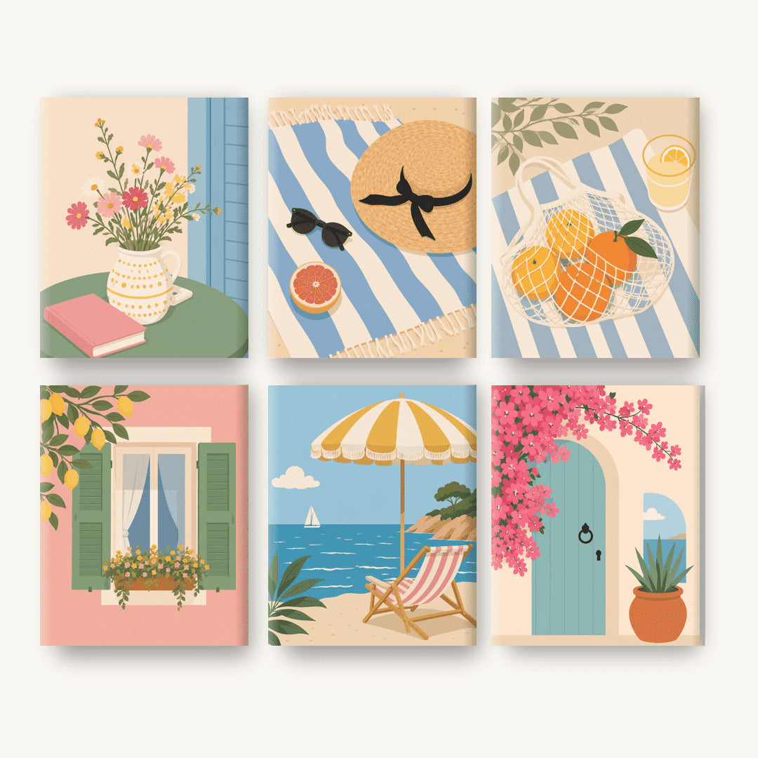 Coffret de 6 peintures par numéro Escapade Méditerranéenne, les mini-toiles à plat, Maison Artsen