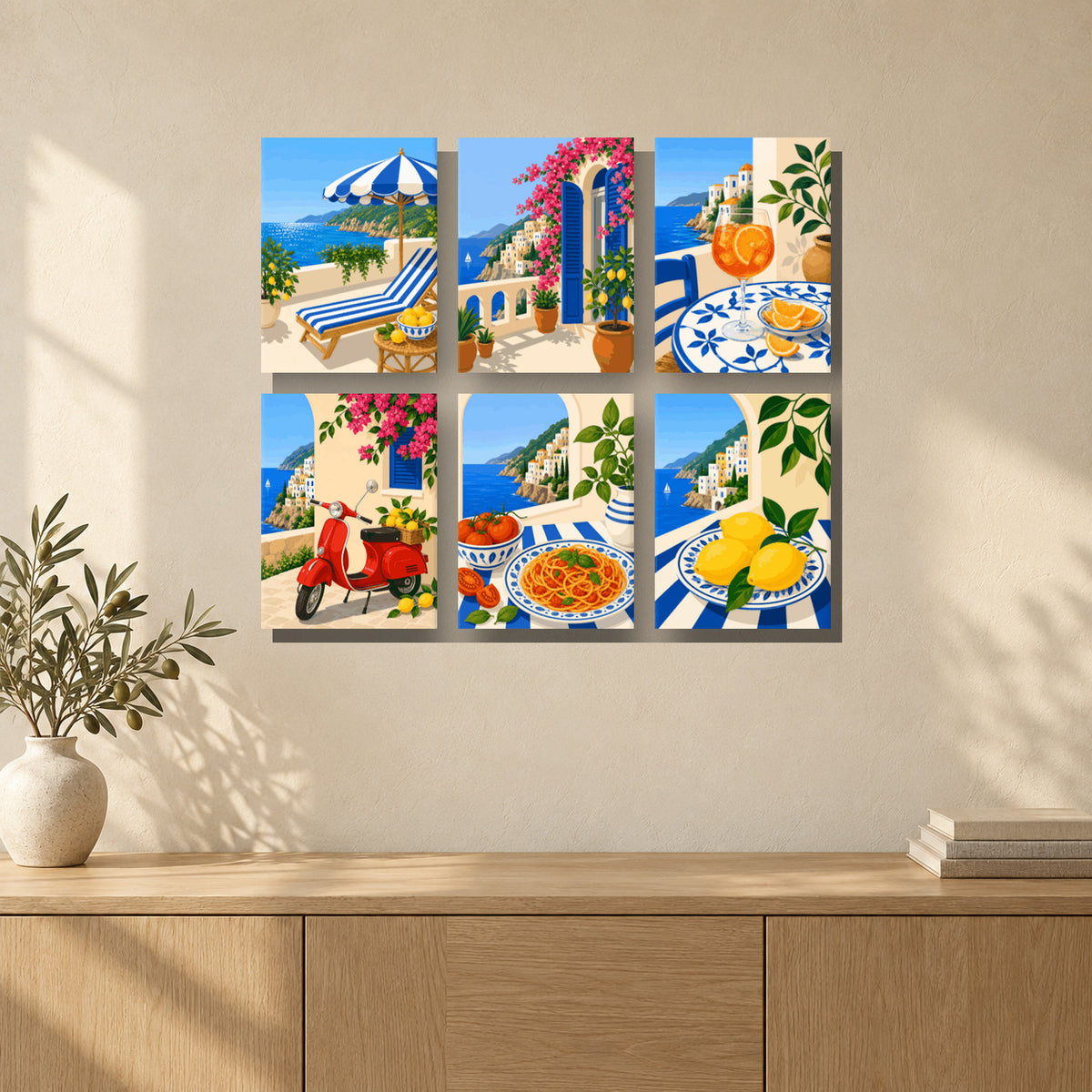 Coffret de 6 peintures par numéro Rivages d’Amalfi, mini-toiles présentées au mur, Maison Artsen