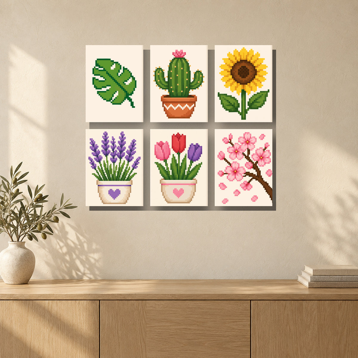 Coffret de 6 peintures par numéro Fleurs en Pixels, mini-toiles présentées au mur, Maison Artsen
