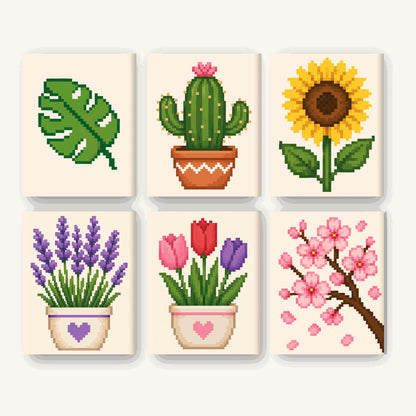 Coffret de 6 peintures par numéro Fleurs en Pixels, les mini-toiles à plat, Maison Artsen