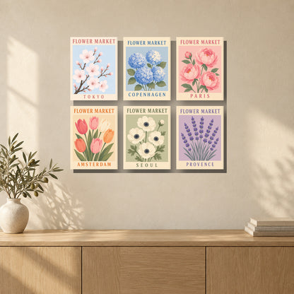 Coffret de 6 peintures par numéro Marchés aux Fleurs, mini-toiles présentées au mur, Maison Artsen