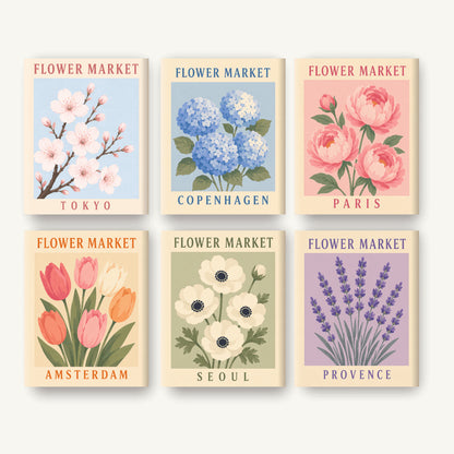 Coffret de 6 peintures par numéro Marchés aux Fleurs, les mini-toiles à plat, Maison Artsen