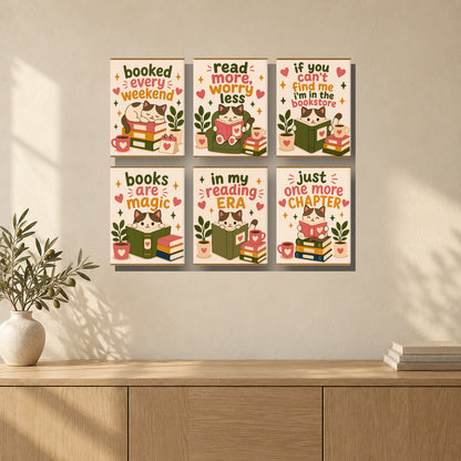 Coffret de 6 peintures par numéro Lectures Félines, mini-toiles présentées au mur, Maison Artsen