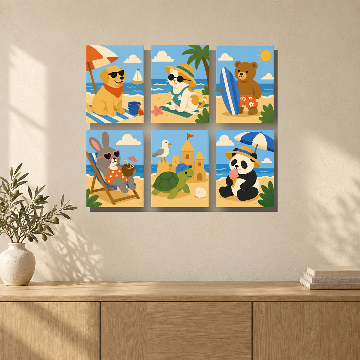 Coffret de 6 peintures par numéro Animaux en Vacances, mini-toiles présentées au mur, Maison Artsen