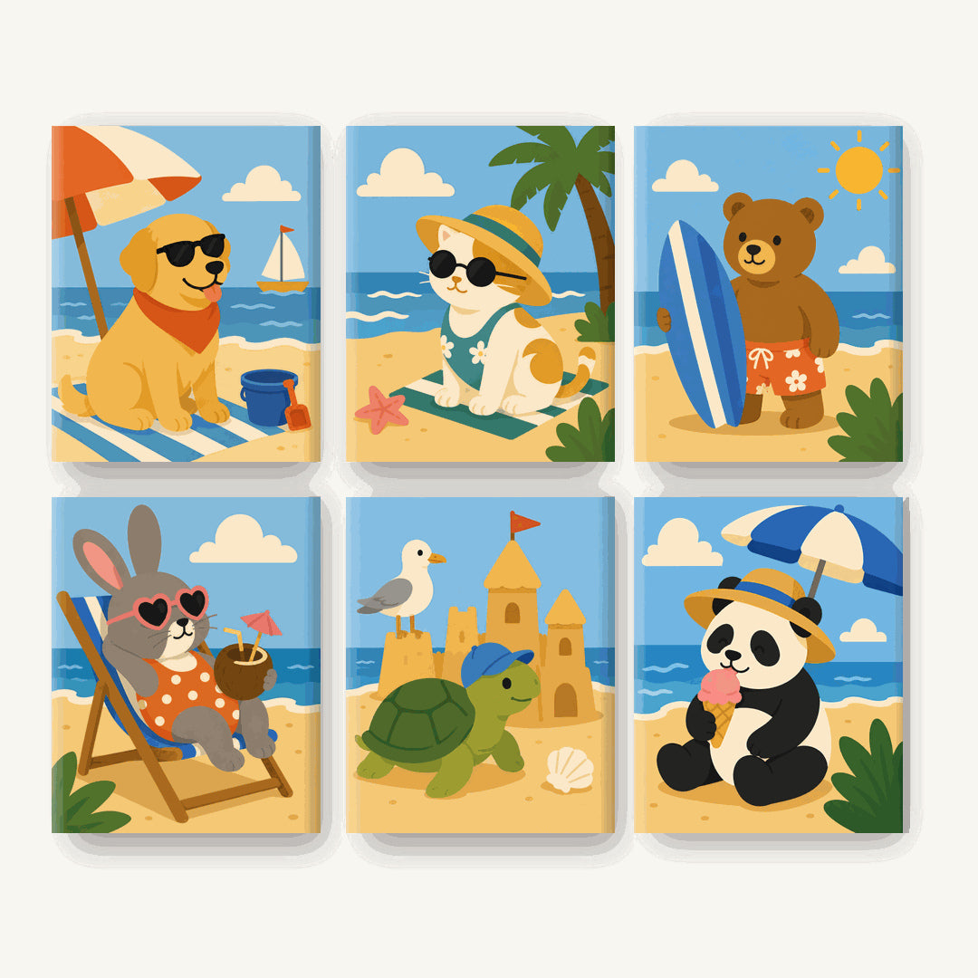 Coffret de 6 peintures par numéro Animaux en Vacances, les mini-toiles à plat, Maison Artsen