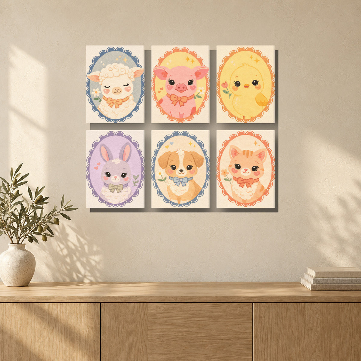 Coffret de 6 peintures par numéro Bébés Animaux en Médaillon, mini-toiles présentées au mur, Maison Artsen
