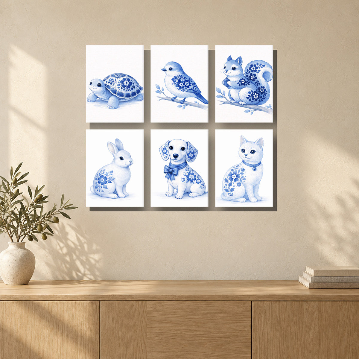 Coffret de 6 peintures par numéro Animaux de Delft, mini-toiles présentées au mur, Maison Artsen